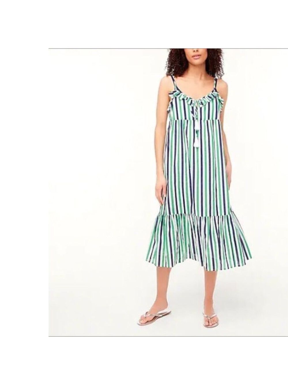 J. Crew Factory ruffle tiered maxi dress with blue and green stripes Medium